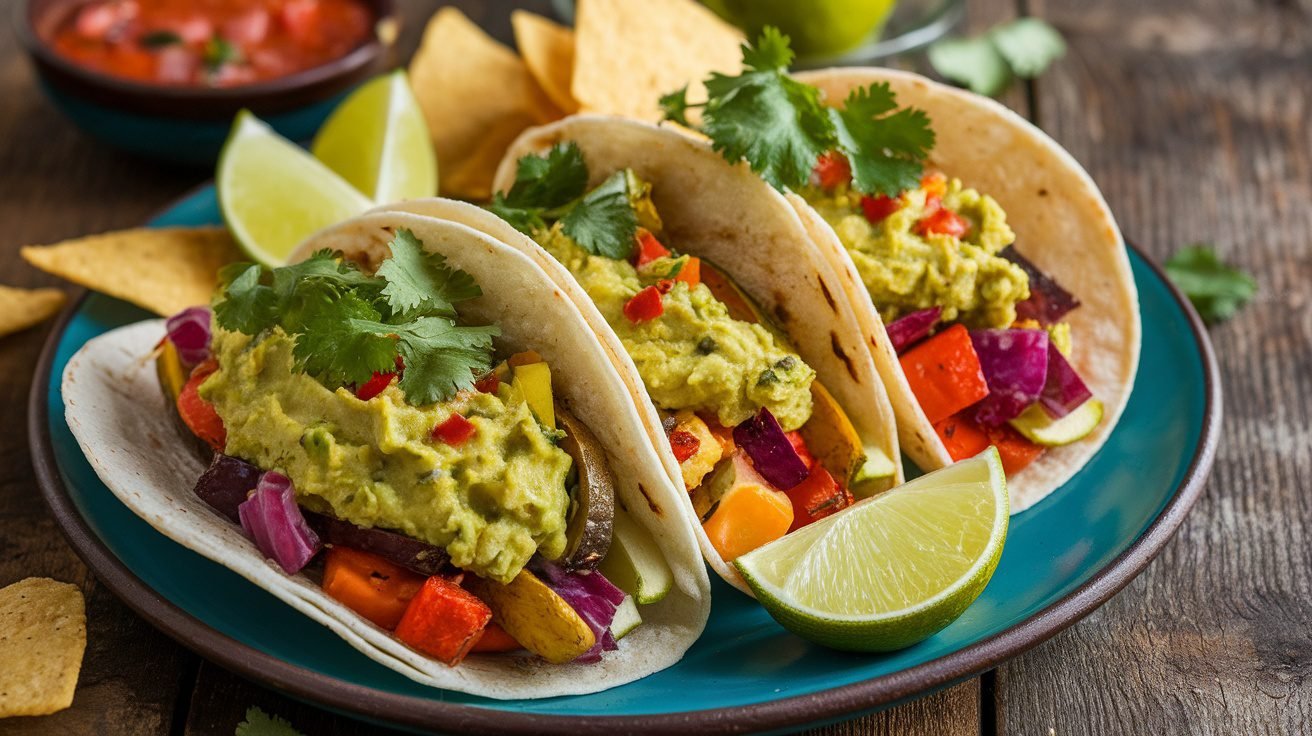 Roasted veggie guacamole tacos with colorful vegetables and guacamole on a rustic table.
