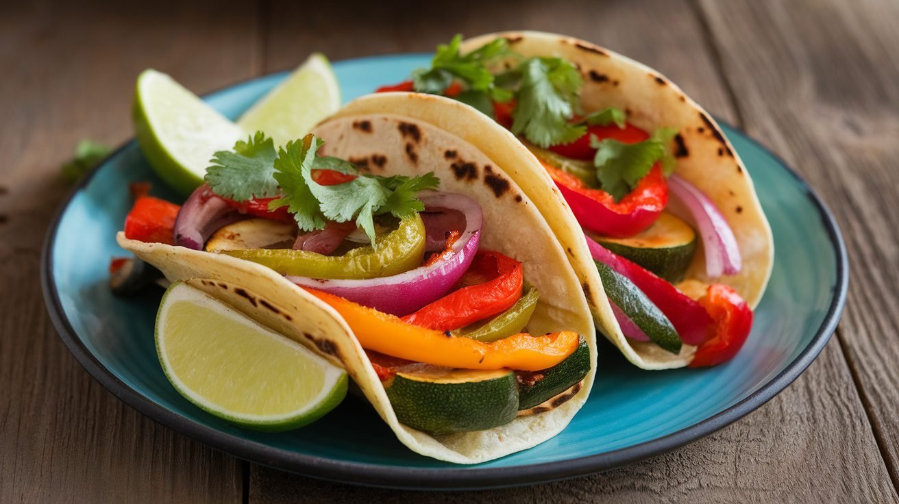 Roasted veggie chipotle tacos with bell peppers, zucchini, and red onions, garnished with cilantro and lime on a rustic table.