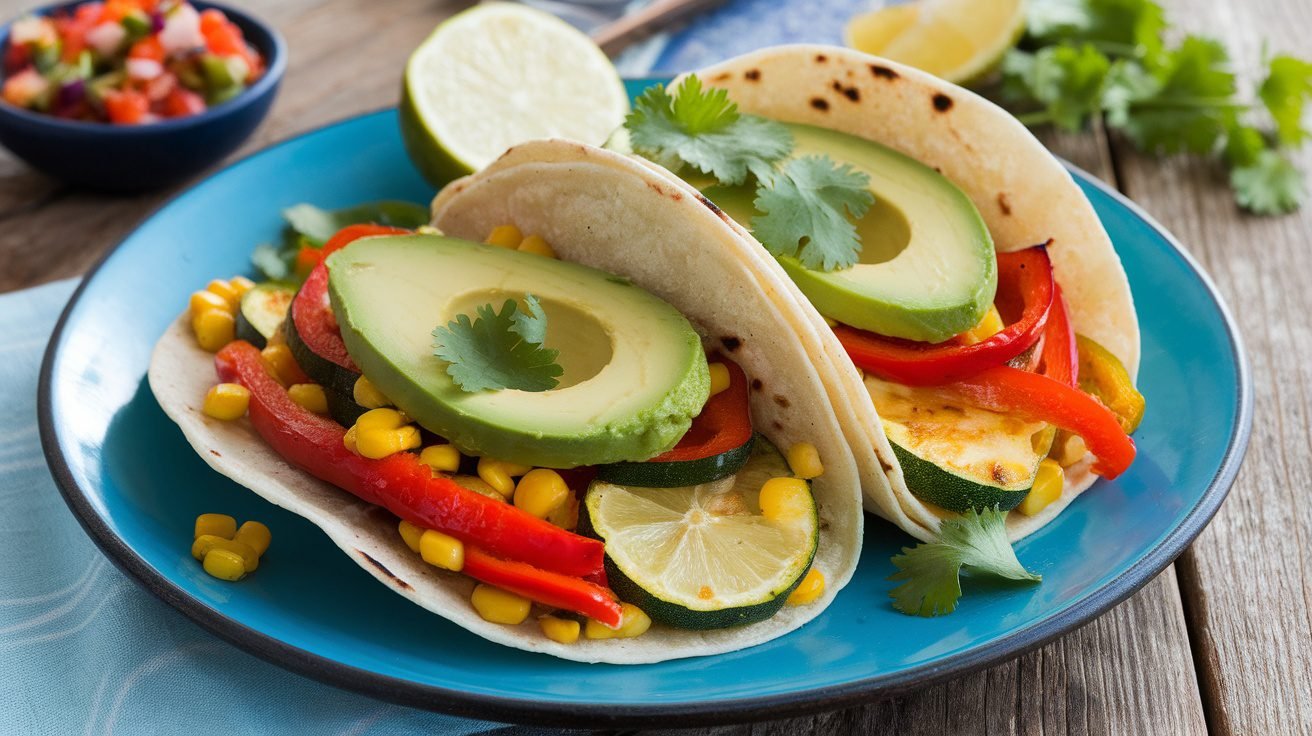 Lemon Garlic Roasted Veggie Tacos with zucchini, bell peppers, corn, avocado, and cilantro on a wooden table.