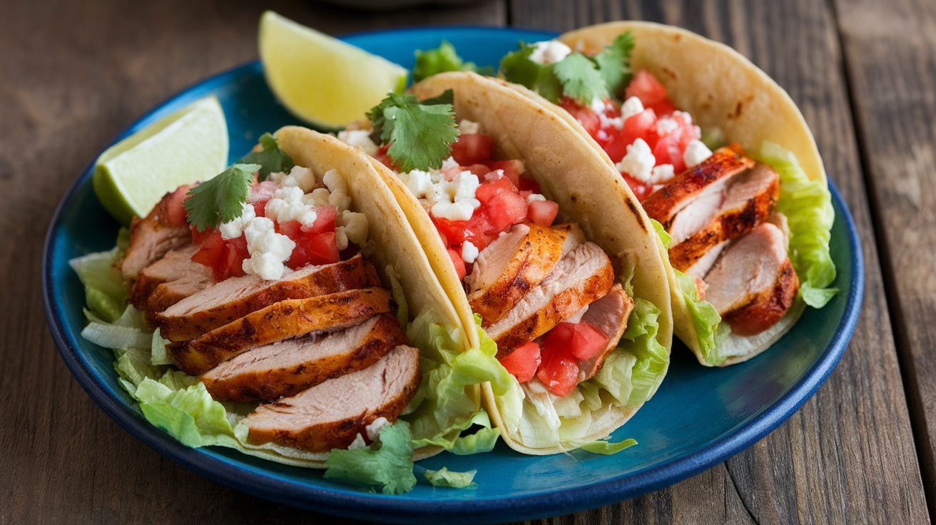 Smoked paprika chicken tacos with lettuce, tomatoes, and cheese on a wooden table.