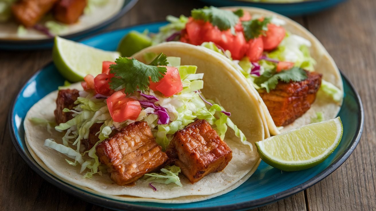 Sweet Chili Pork Belly Tacos with crispy pork belly, cabbage, tomatoes, and cilantro on a wooden table.