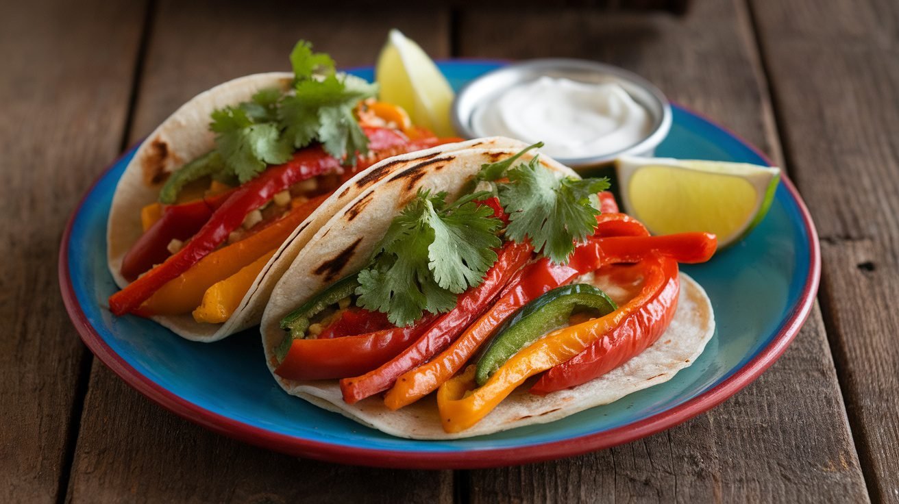 A plate of Sweet Pepper and Roasted Tomato Tacos garnished with cilantro and served with lime wedges.