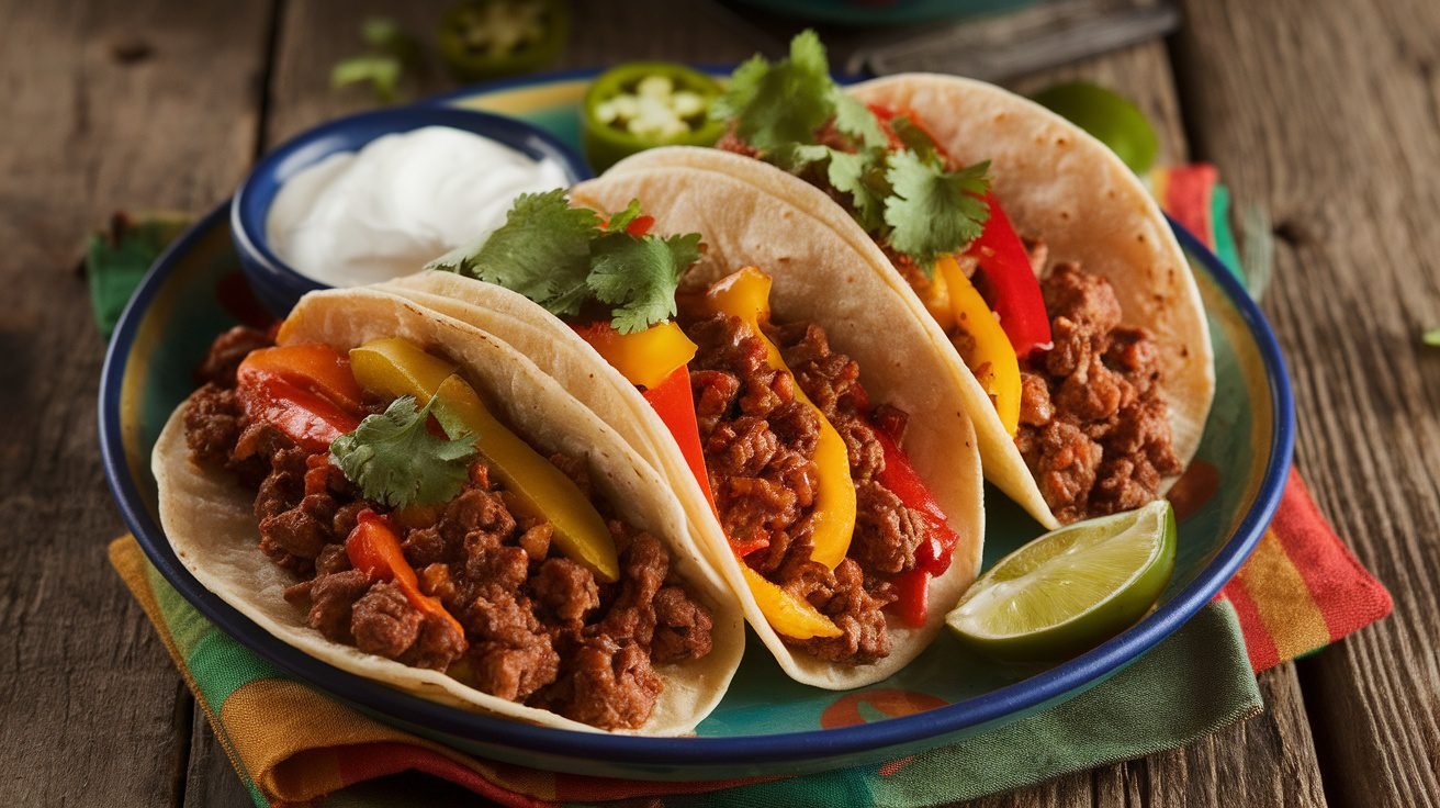 Sweet and sour beef tacos on a plate with cilantro, sour cream, and jalapeños.