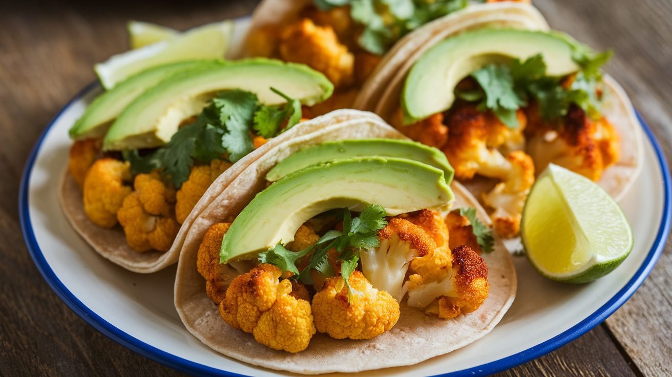 Sweet and Sour Cauliflower Tacos with avocado and cilantro on a rustic table.