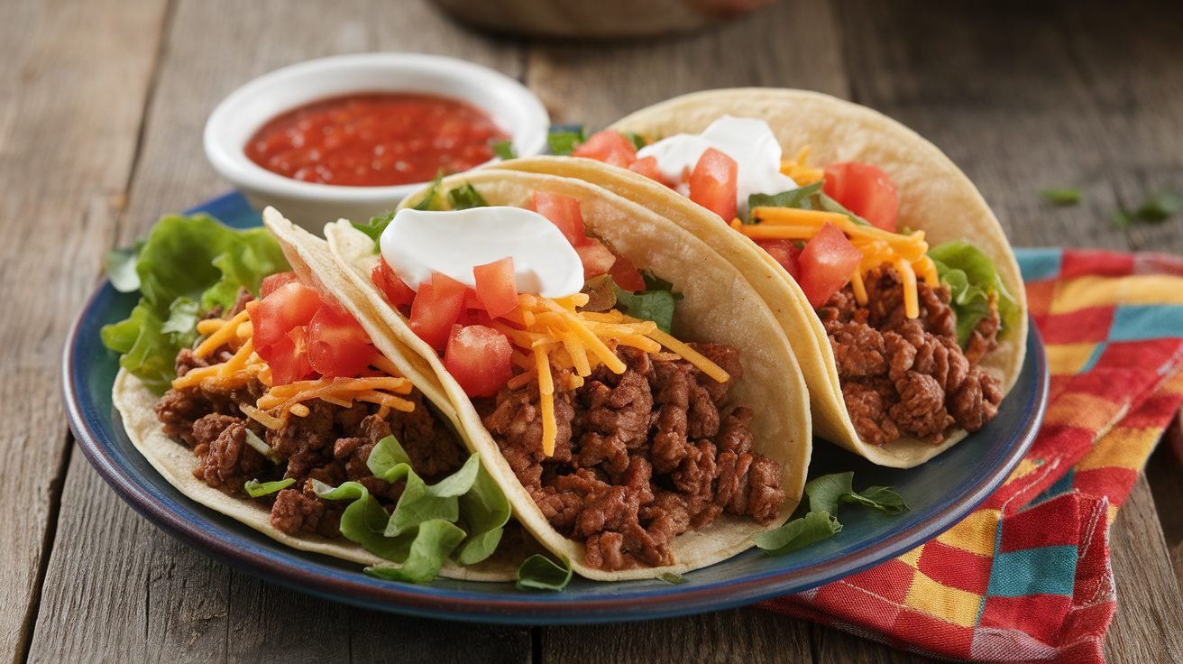 Sweet and Tangy Beef Tacos on a plate with toppings of lettuce, tomatoes, and cheese, served with sour cream and salsa.