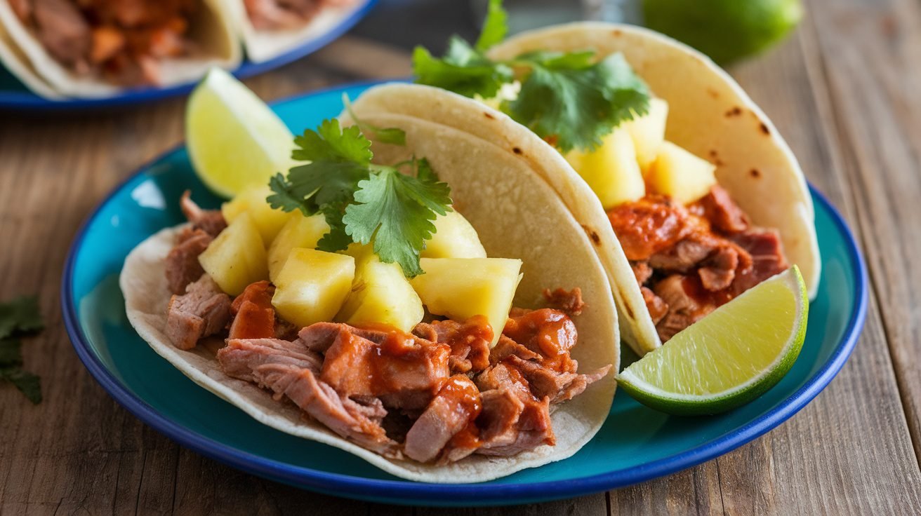 Sweet Soy Pork and Pineapple Tacos garnished with cilantro and lime on a rustic table.
