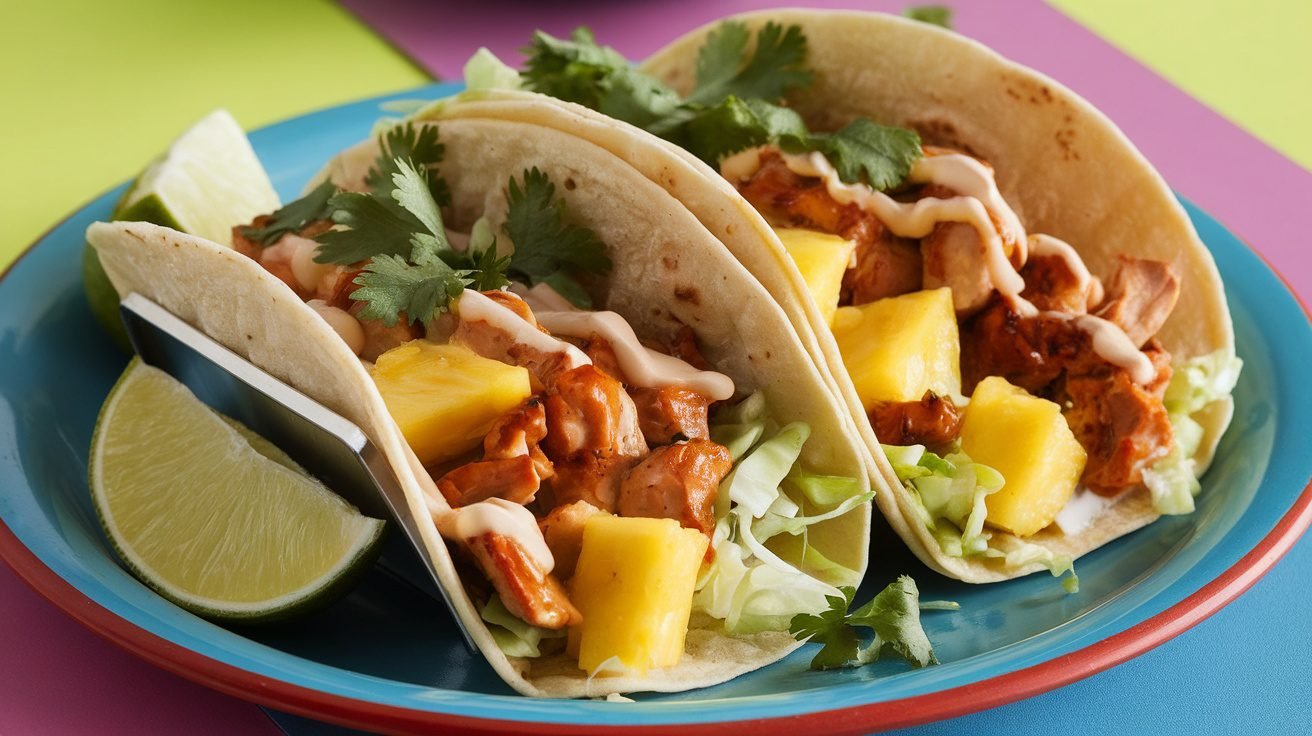 Teriyaki Chicken and Pineapple Tacos on a plate with creamy sauce and lime wedges.