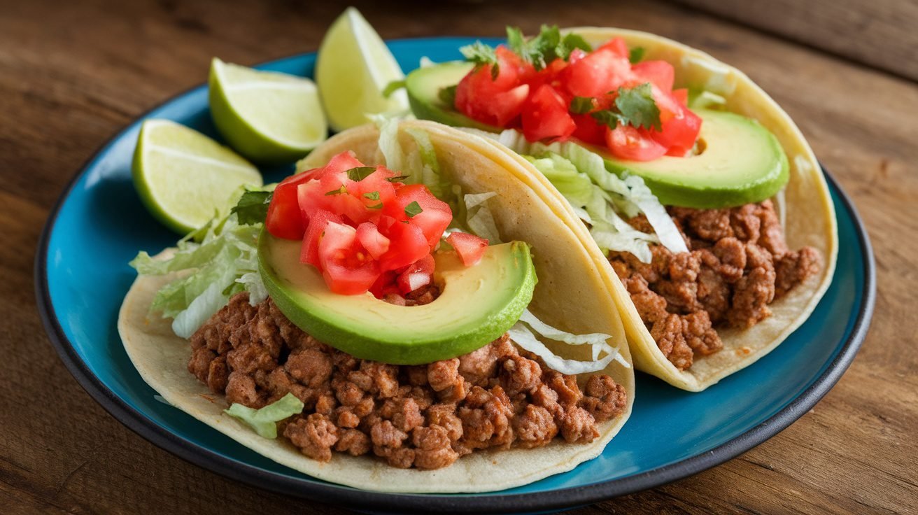 Creamy cilantro lime beef tacos on a plate with toppings and lime wedges.