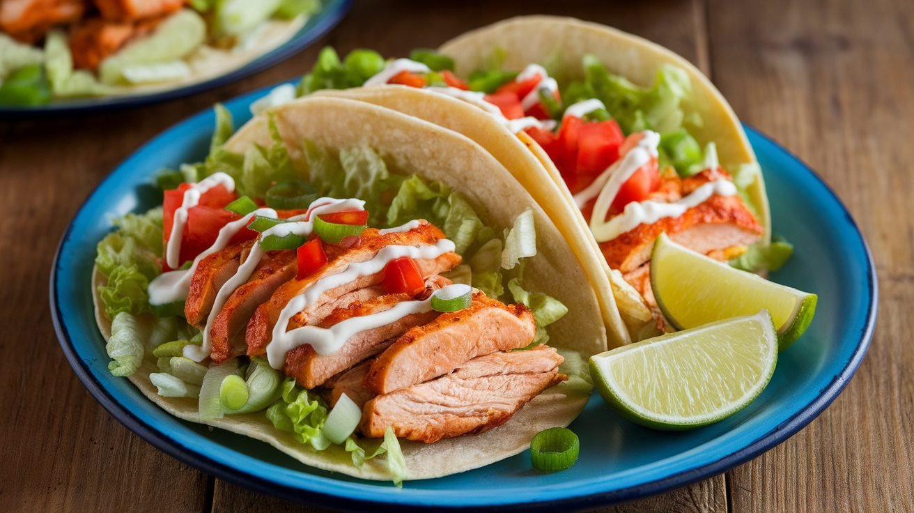 Spicy Buffalo grilled chicken tacos with lettuce, tomatoes, and ranch dressing on a rustic table.