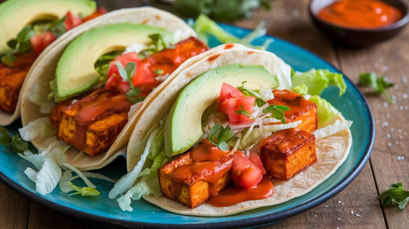 Spicy buffalo tofu tacos with lettuce, tomatoes, and avocado on a rustic table.