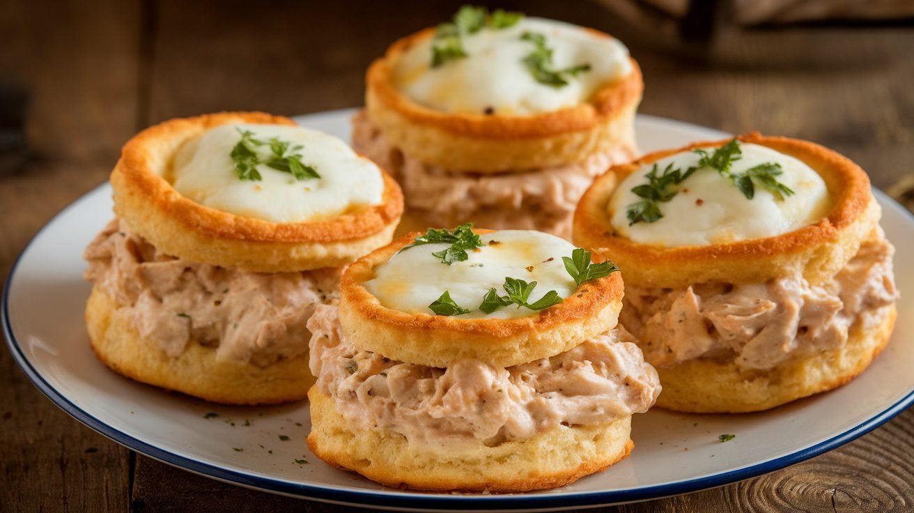 Golden Chicken Alfredo Biscuit Rings filled with creamy chicken and topped with cheese, garnished with parsley on a rustic table.
