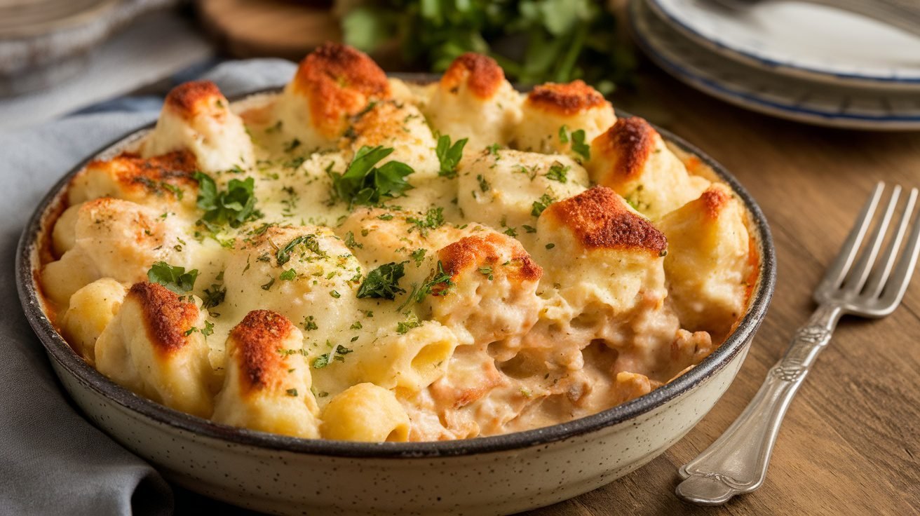 A golden-brown Chicken Alfredo Gnocchi Casserole topped with melted cheese and garnished with parsley, served in a rustic dish.