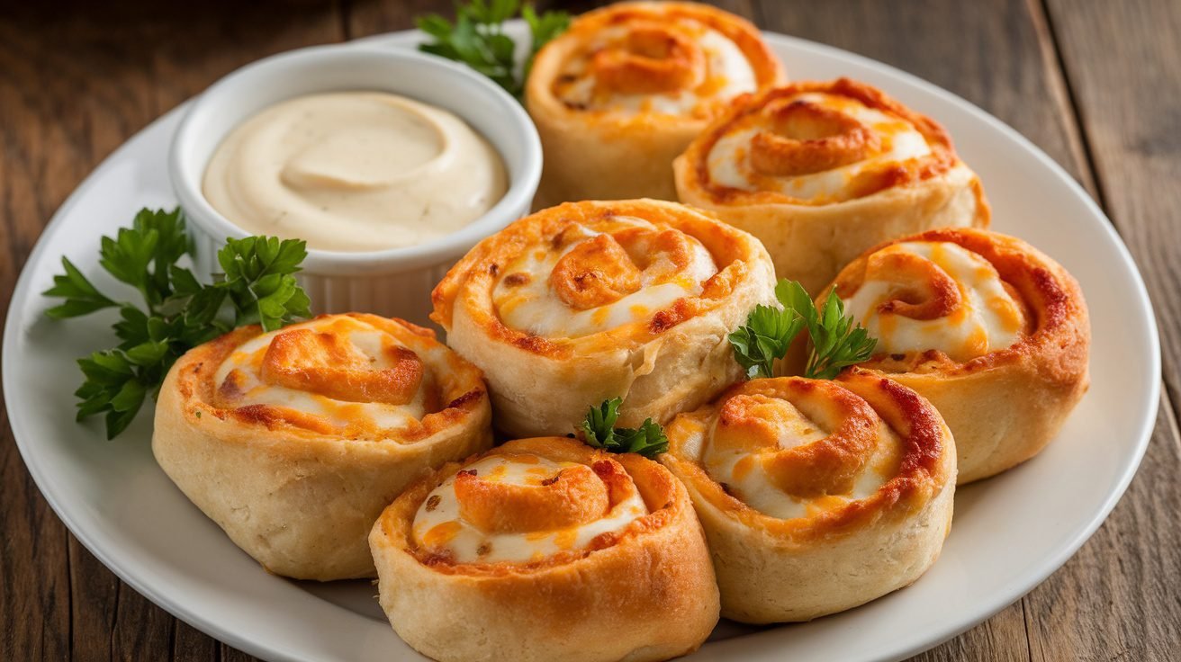 Golden Chicken Alfredo Pizza Rolls on a plate with Alfredo sauce for dipping.
