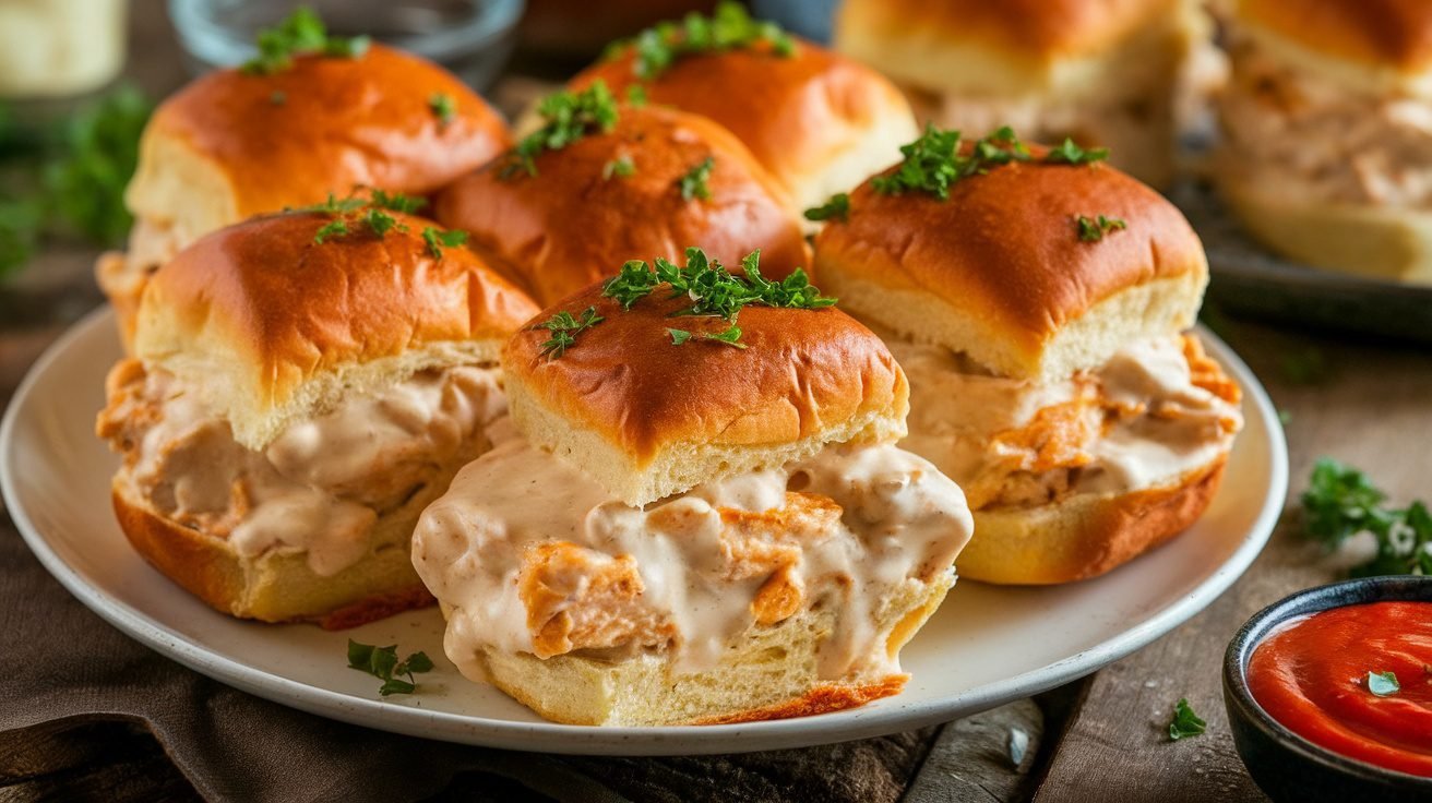 Golden Chicken Alfredo Slider Bombs on a platter, garnished with parsley, served with marinara sauce.