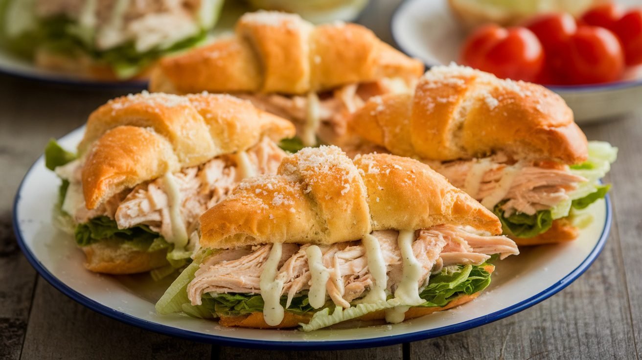 Golden Chicken Caesar Crescent Sandwiches filled with chicken and lettuce, garnished with Parmesan, on a rustic table.