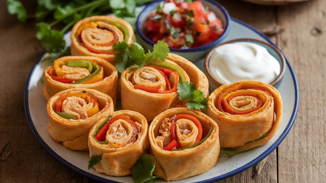 Golden Chicken Fajita Crescent Pinwheels filled with chicken and bell peppers, served with salsa and sour cream.