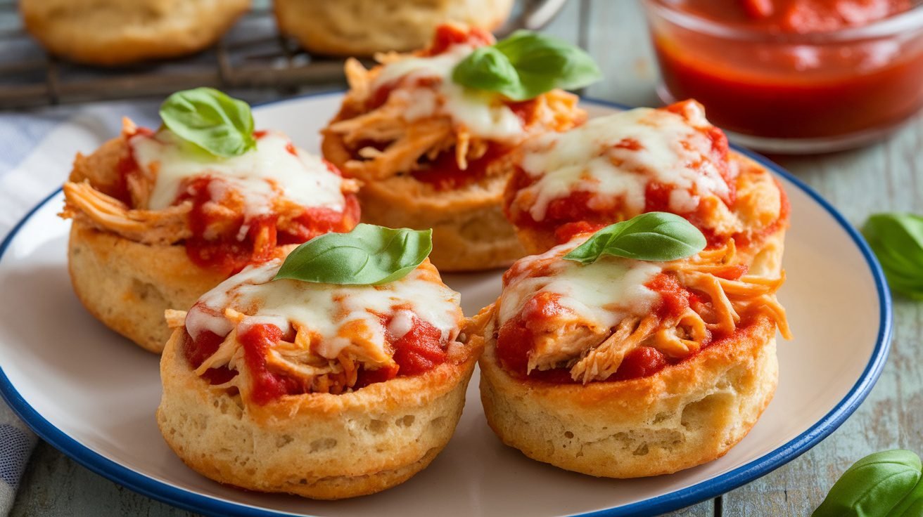 Golden Chicken Parmesan Biscuit Cups filled with chicken and cheese, garnished with basil on a rustic table.