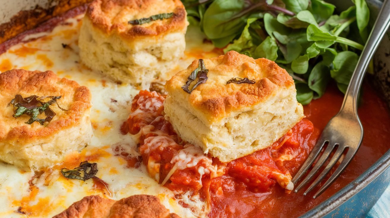 A hearty Chicken Parmesan Cheddar Biscuit Bake with golden biscuits, marinara sauce, and melted cheese, garnished with basil.