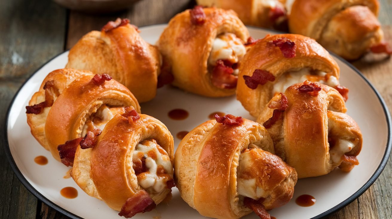 Golden Chicken and Bacon Crescent Bombs on a plate, served with dipping sauce on a rustic table.