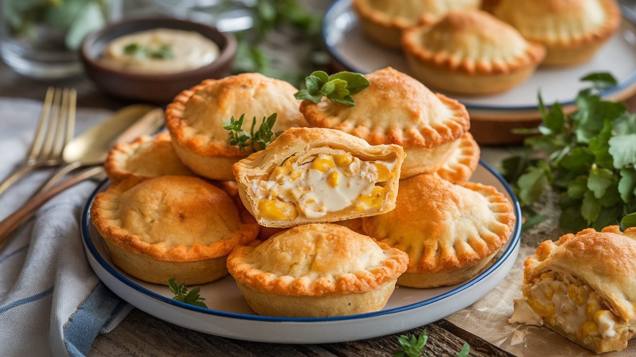 Golden Chicken and Sweet Corn Mini Pies on a plate, showcasing flaky pastry and creamy filling.