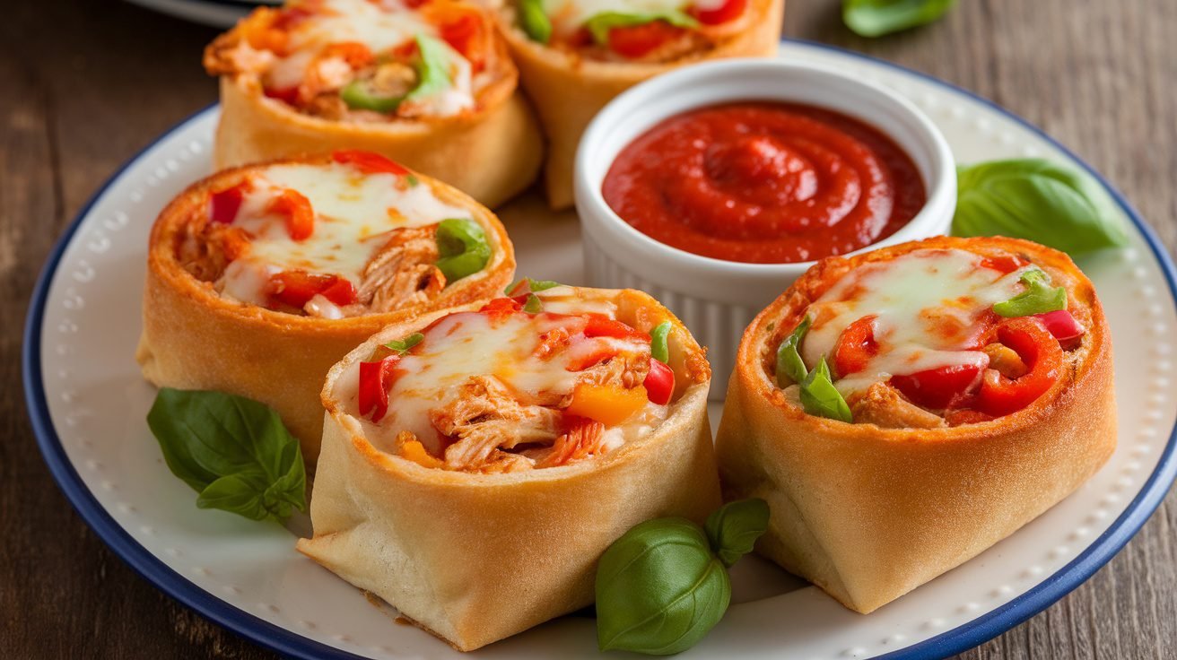 Golden-brown Chicken and Veggie Pizza Rolls on a plate with marinara sauce for dipping.