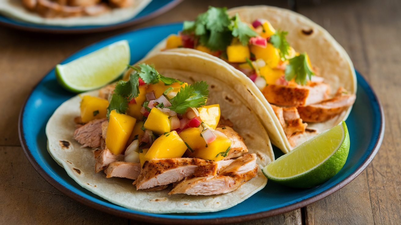 Chipotle Chicken and Mango Tacos on a plate with mango salsa and lime wedges.