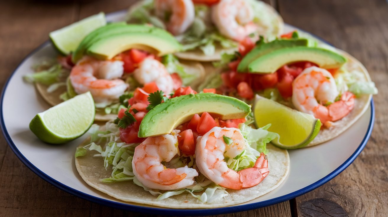 Cilantro lime shrimp tacos with shrimp, cabbage, avocado, and tomatoes on a rustic table.