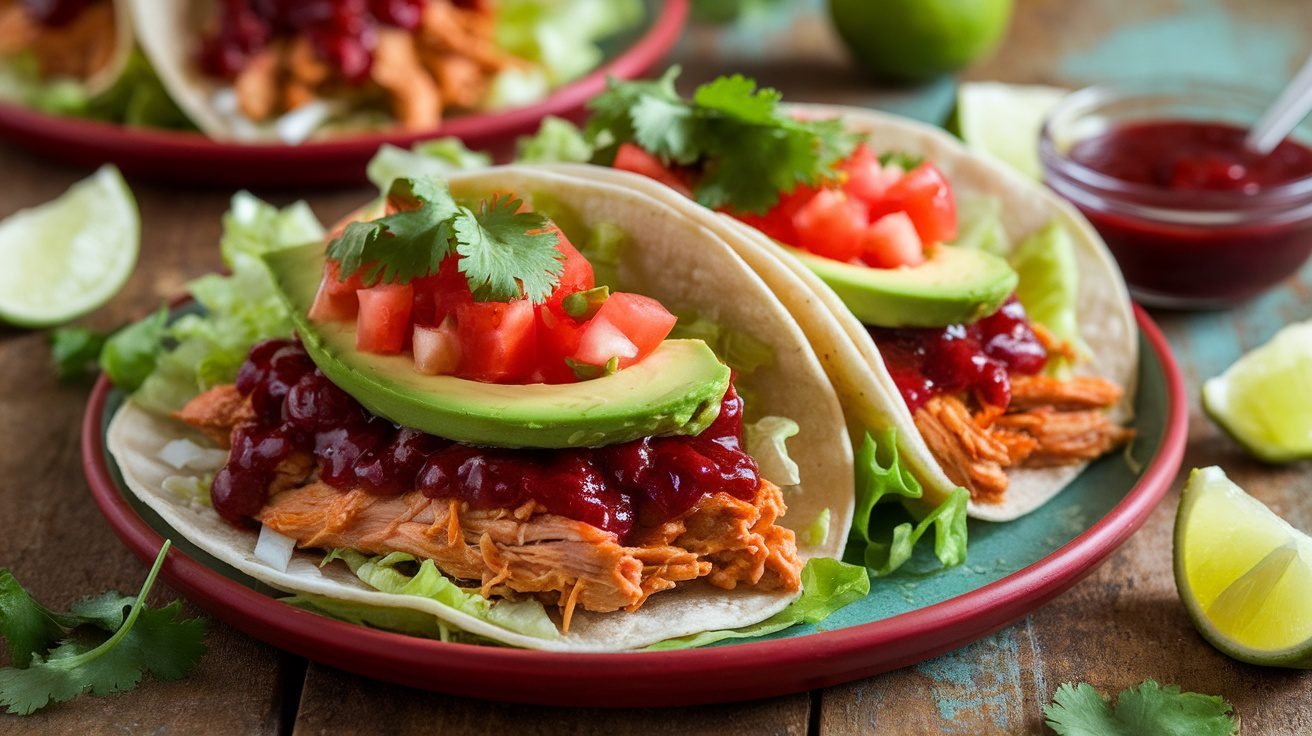Cranberry BBQ Chicken Tacos with shredded chicken, lettuce, tomatoes, and avocado on a wooden table.