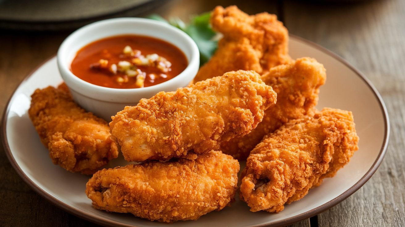 Crispy chicken tenders on a plate with garlic chili dip in a bowl, set on a rustic wooden table.