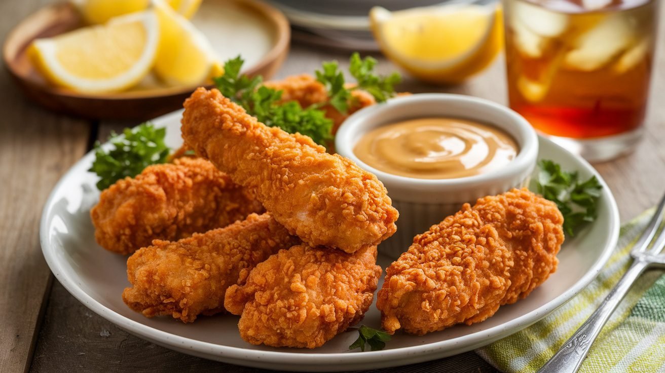 Crispy chicken tenders on a plate with maple Dijon sauce, garnished with parsley, on a rustic wooden table.