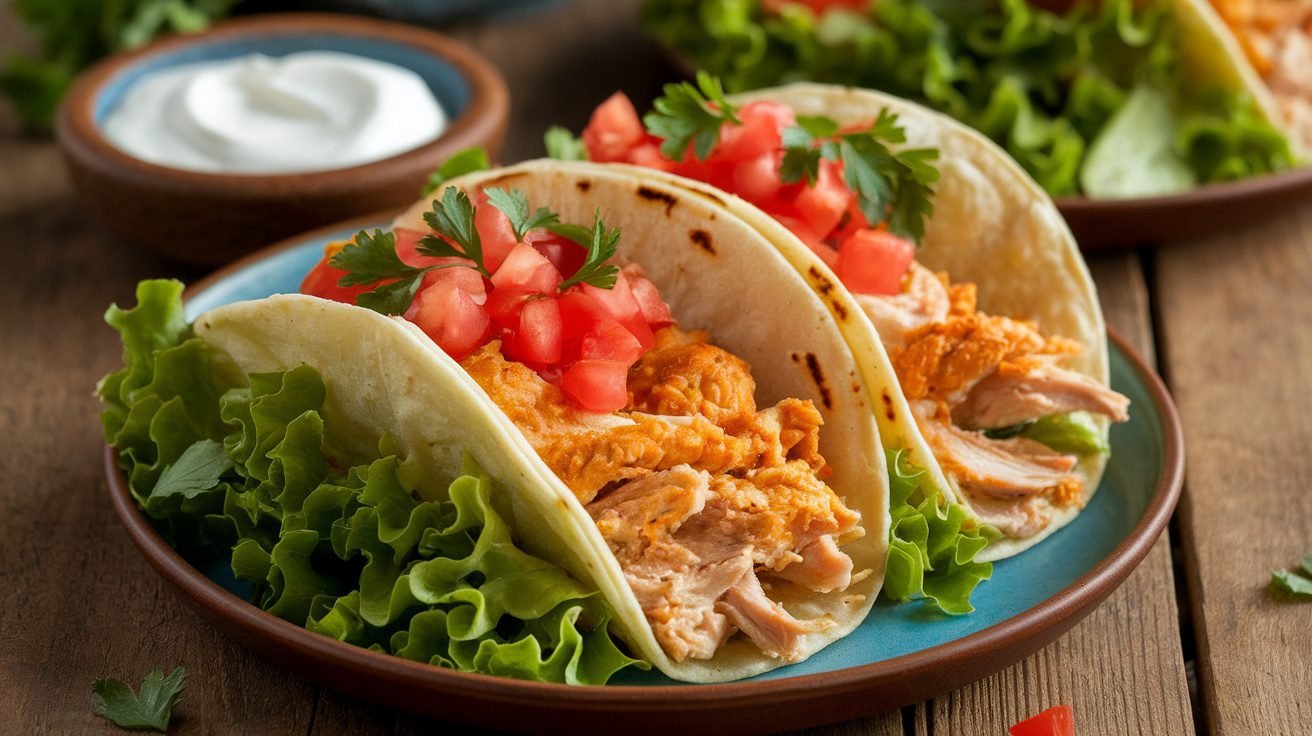 Garlic Parmesan Chicken Tacos with lettuce and tomatoes on a rustic table.