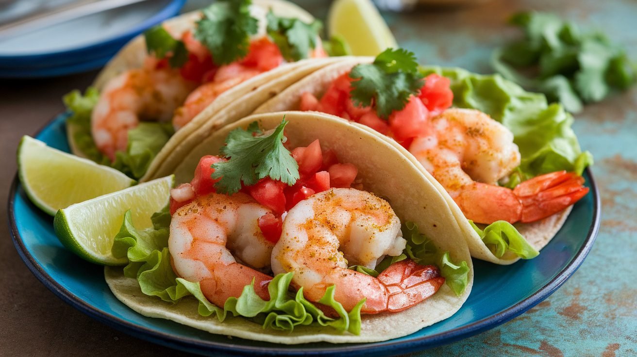 Garlic Parmesan Shrimp Tacos topped with lettuce, tomatoes, and cilantro on a rustic table.