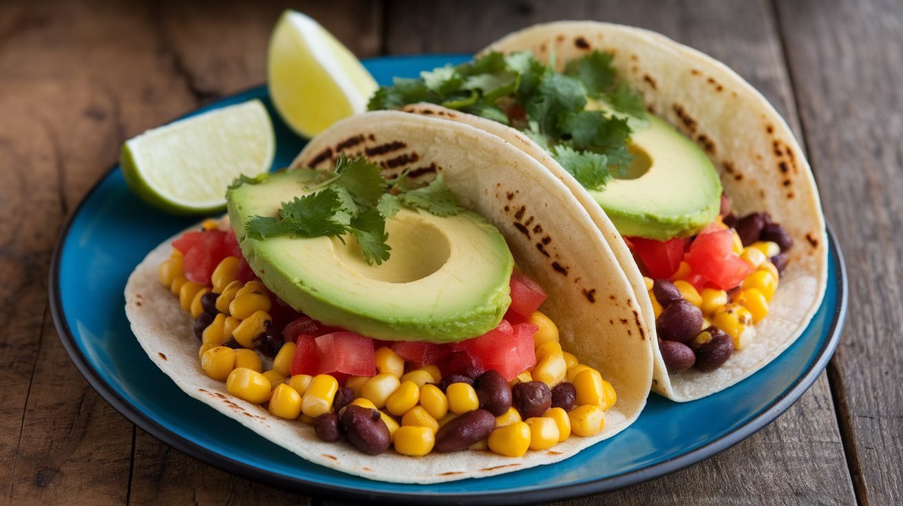 Grilled corn and black bean tacos with tomatoes and avocado on a wooden table.