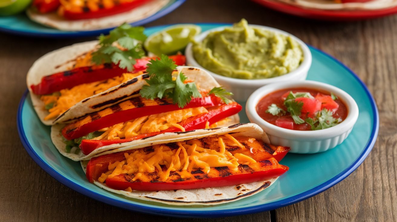 Grilled red pepper and cheese tacos on a plate, garnished with cilantro and served with guacamole and salsa.