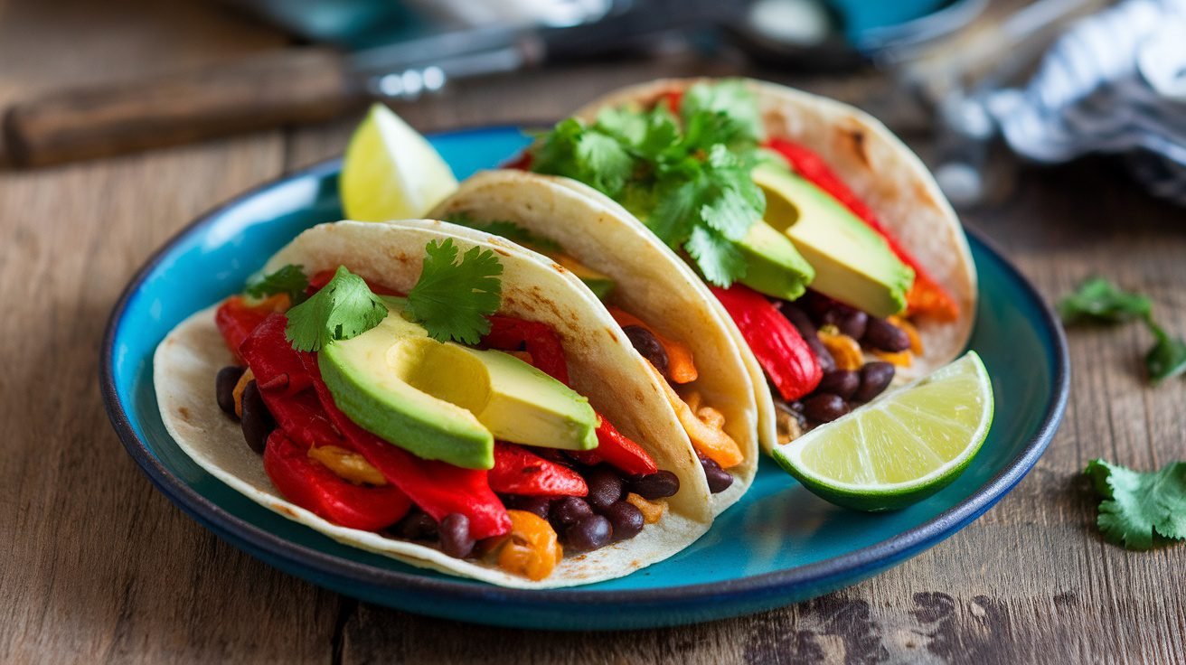 A plate of roasted red pepper and garlic tacos with avocado and cilantro, served with lime wedges.
