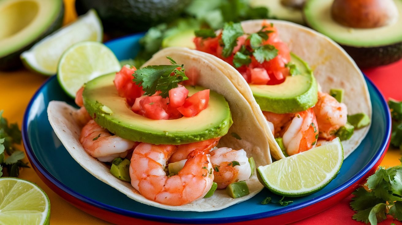 Cilantro lime shrimp tacos with avocado, tomatoes, and lime wedges on a colorful plate.