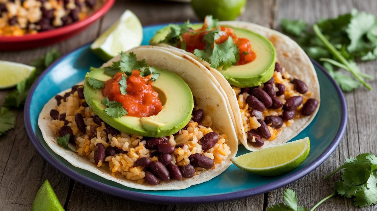 A plate of Spicy Black Bean and Rice Tacos topped with avocado, cilantro, and salsa, served with lime wedges.
