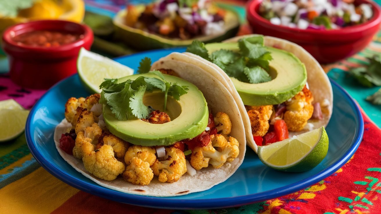 Spicy Roasted Cauliflower Tacos with avocado and cilantro on a colorful plate, served with lime wedges.