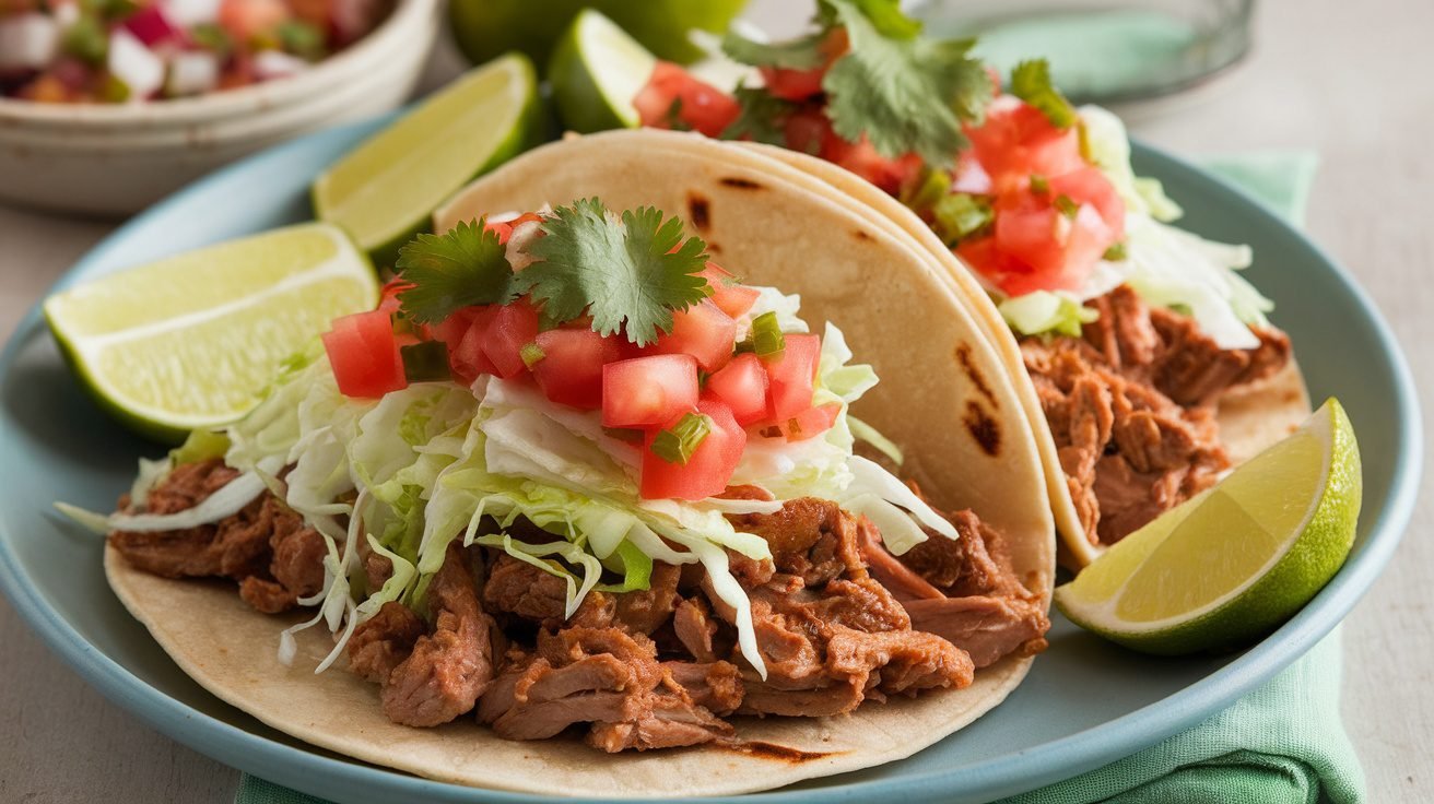 Sweet Chili Lime Pork Tacos with pork, cabbage, tomatoes, and cilantro, served with lime wedges.