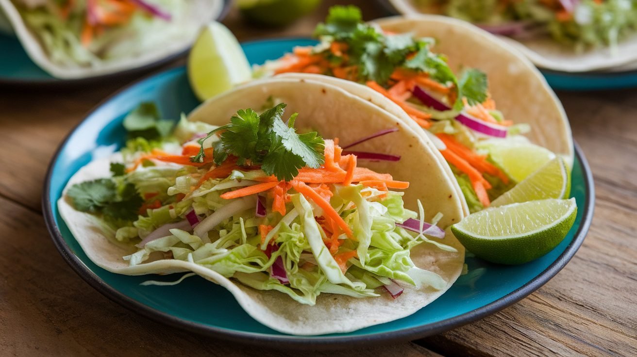 Sweet Mustard Slaw Tacos with cabbage, carrots, and cilantro on a rustic table.