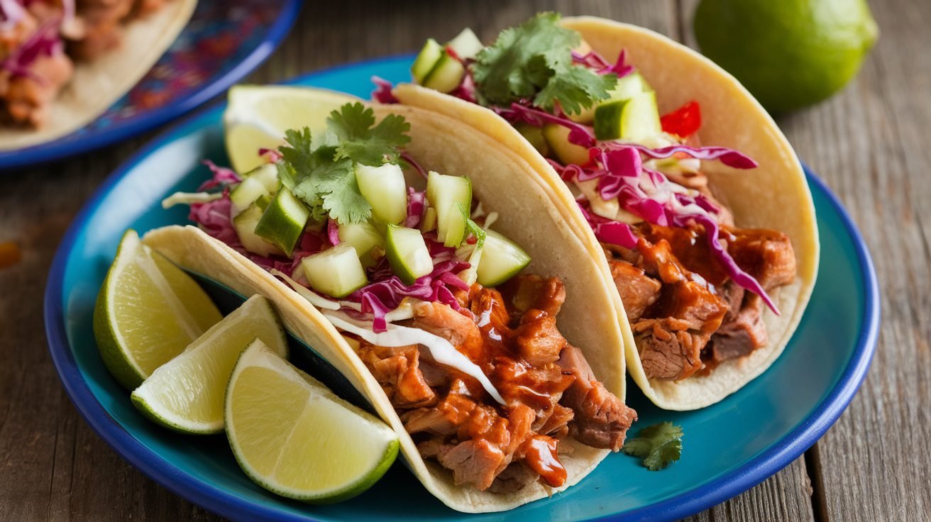 Sweet Soy Glazed Pork Tacos with pork, cabbage, cucumbers, and cilantro on warm tortillas, served with lime wedges.