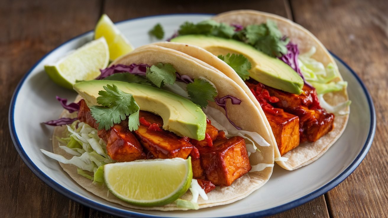 A plate of BBQ tofu tacos with cabbage, avocado, and cilantro, served with lime wedges on a rustic table.