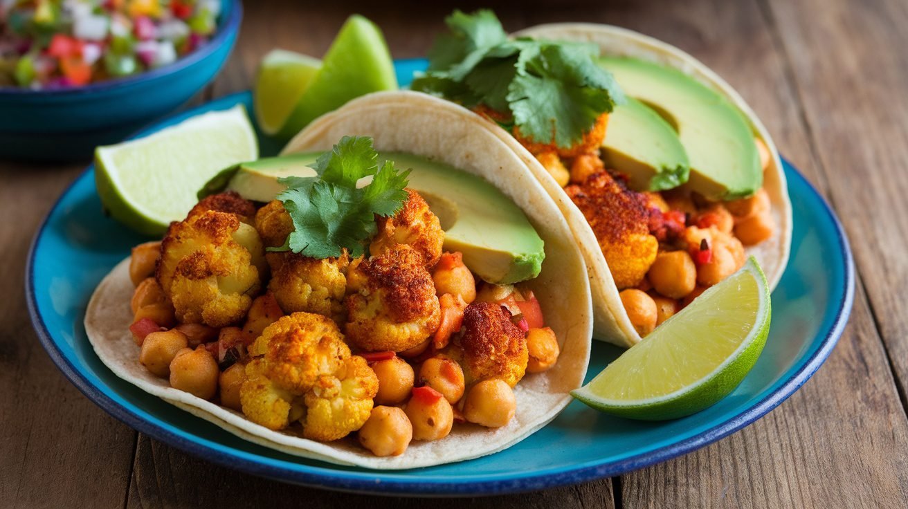 Spicy roasted cauliflower and chickpea tacos with avocado and cilantro on a rustic table.