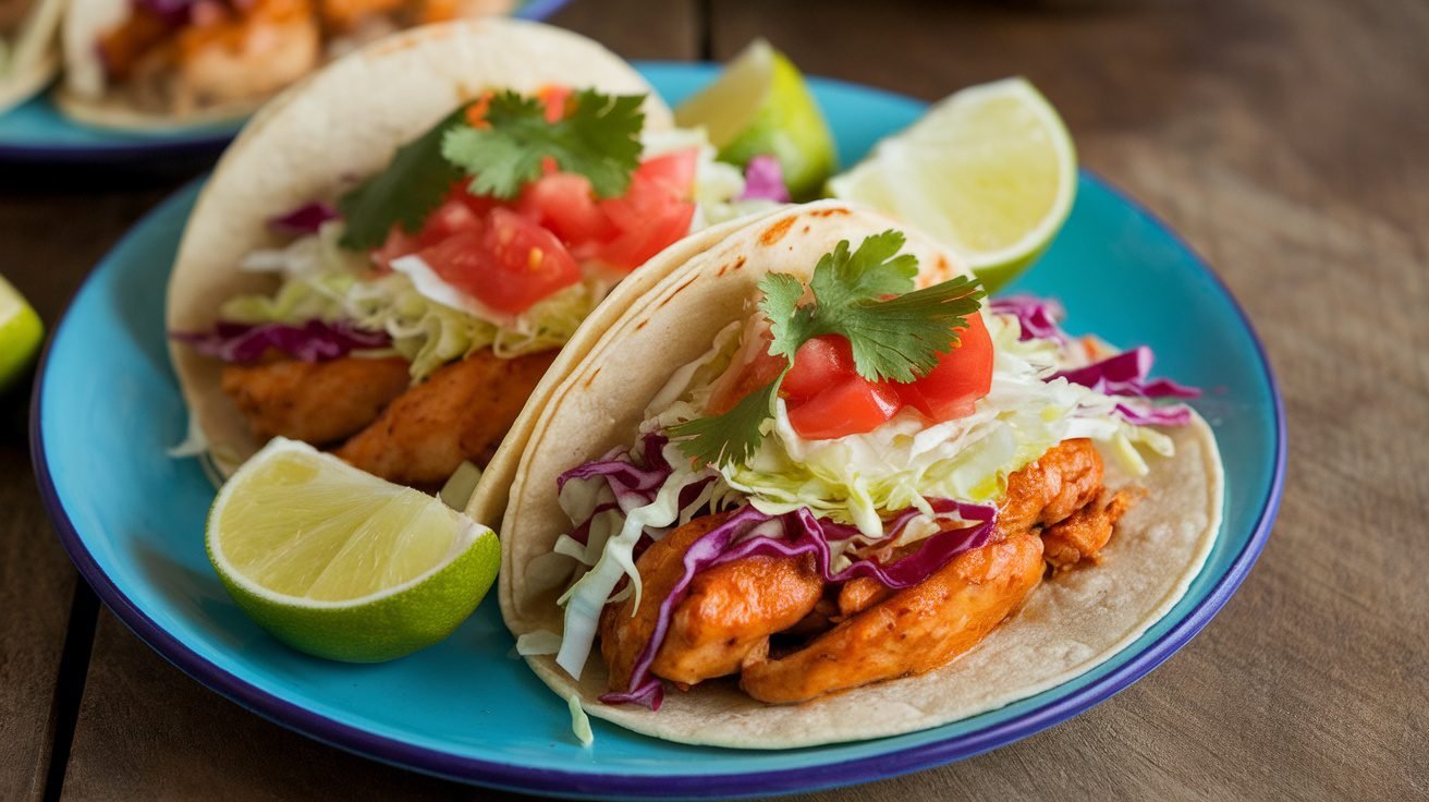 Spicy Guava Chicken Tacos on a plate with cabbage, tomatoes, cilantro, and lime wedges.