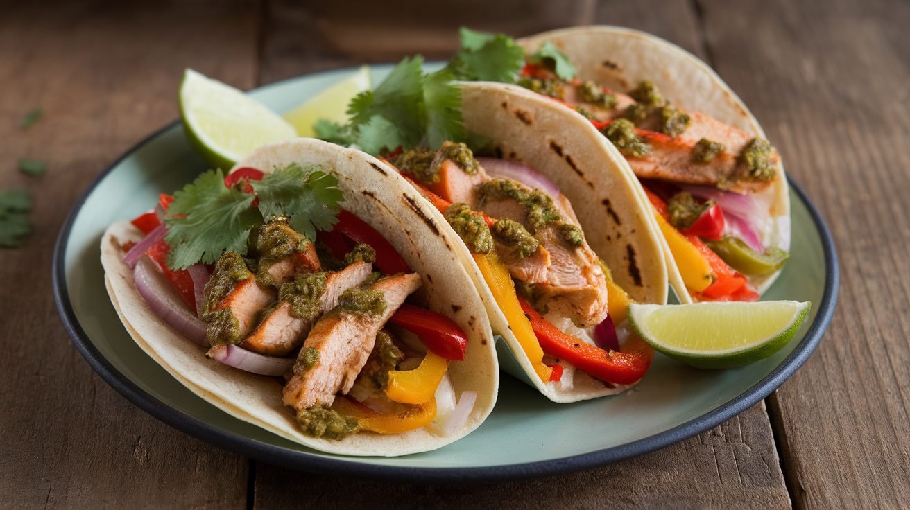 A plate of Pesto Chicken and Veggie Tacos with colorful vegetables and chicken, garnished with cilantro and lime.