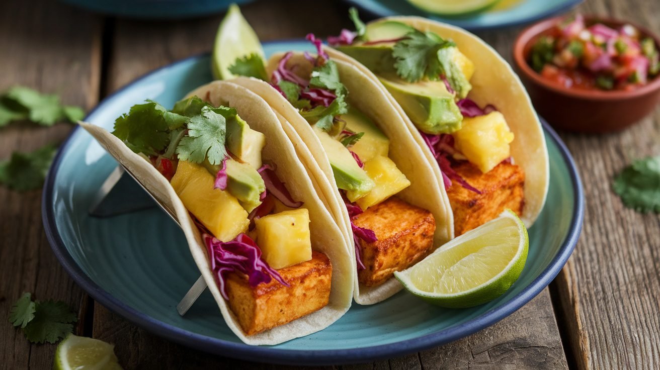 Pineapple Ginger Tofu Tacos with tofu, pineapple, avocado, and cabbage on a rustic table.