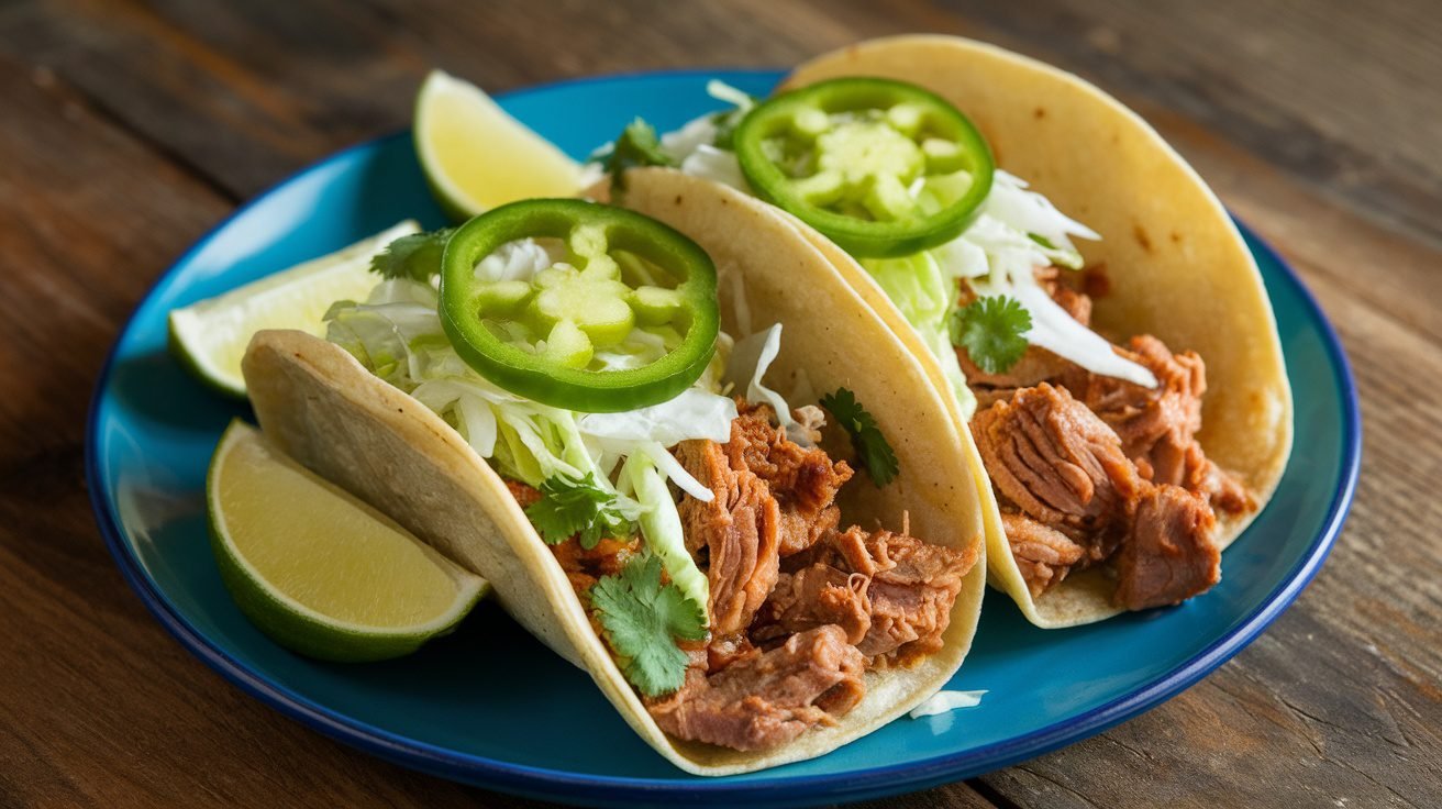 Spicy Lemongrass Pork Tacos with pork, cabbage, cilantro, and lime on a rustic table.
