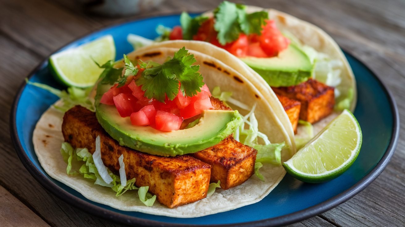 Smoky Paprika Tofu Tacos with crispy tofu, lettuce, tomatoes, and avocado on a rustic table.