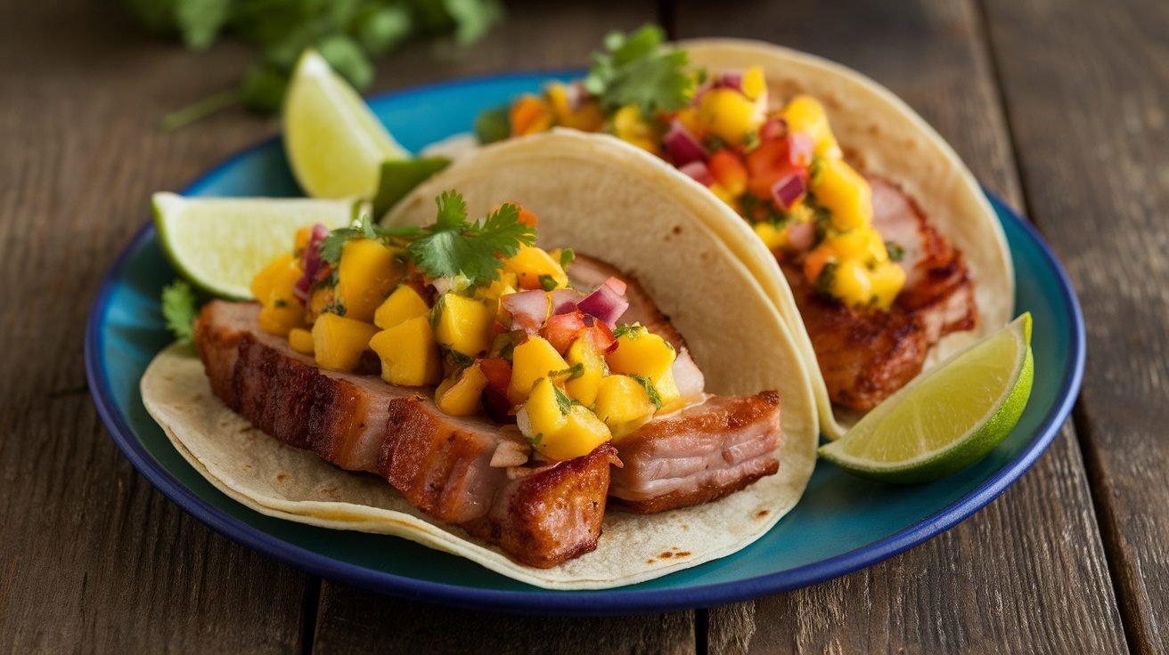 Spicy Mango Pork Belly Tacos with crispy pork, mango salsa, and cilantro on a wooden table.