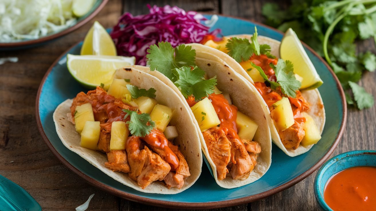 Sweet Chili Pineapple Chicken Tacos with chicken, pineapple, cilantro, and lime on a wooden table.